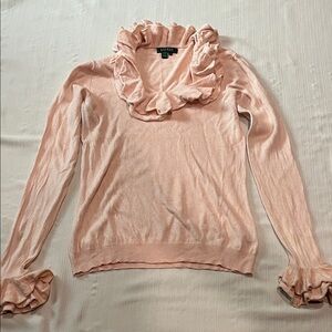 Ralph Lauren brand blush pink cashmere and silk ruffled sweater